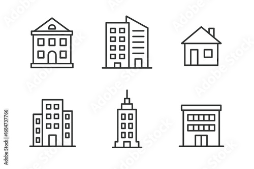 Set of minimalist building icons: house, skyscraper, apartment