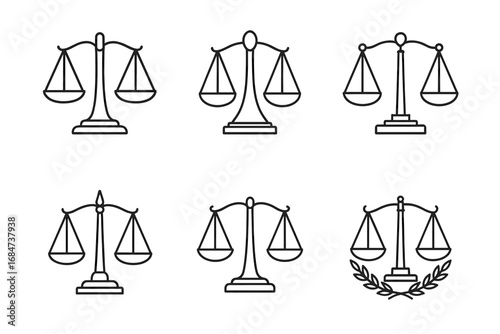 Set of five scales of justice icons in black and white