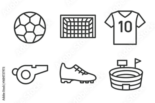 Soccer elements icons: ball, goal, jersey, whistle, cleat, stadium