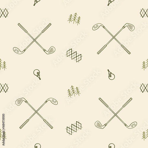 Golf club hand drawn seamless pattern background. Vintage golf sticks doodle background vector.