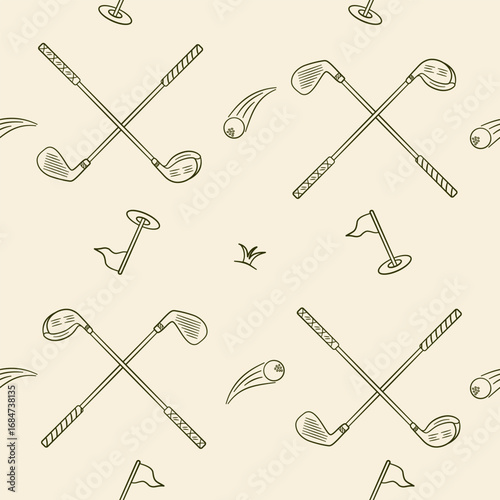 Golf club hand drawn seamless pattern background. Vintage golf sticks doodle background vector.