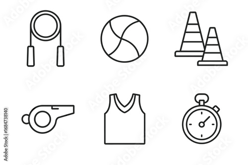Jump rope, ball, cones, whistle, jersey, stopwatch - sports equipment icons