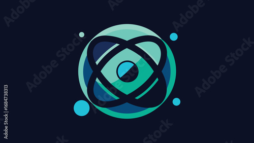 Stylized atom symbol with orbiting electrons on dark blue background science technology