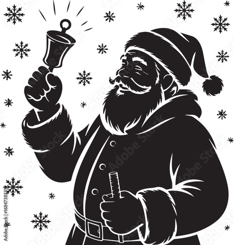 Festive santa claus ringing a bell amidst snowflakes for christmas cheer