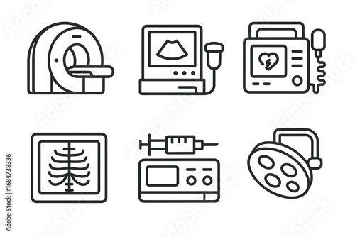 Medical equipment icons: mri, ultrasound, defibrillator, x-ray, syringe, surgical light