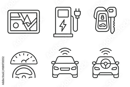 Electric vehicle icons: charger, gps, speedometer, car keys, steering wheel
