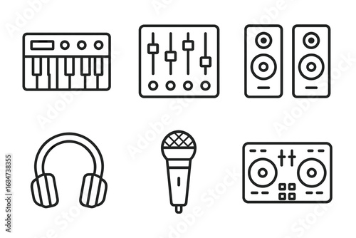 Music production icons: keyboard, mixer, speakers, headphones, microphone, turntable