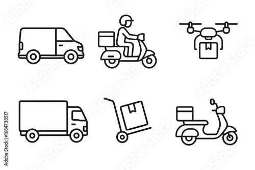 Line art icons of delivery van, scooter, drone, truck, handcart, and motorcycle