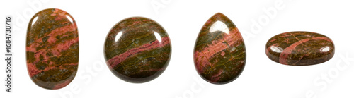 Set of unakite gemstone polished cabochons, different shapes and perspectives, isolated on white background