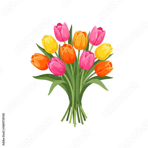 A beautiful bouquet of colorful tulips in pink, yellow, and orange. This vector illustration is perfect for themes of spring, celebration, and love.