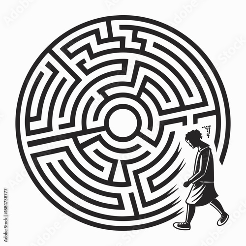 A woman is walking towards a complex maze