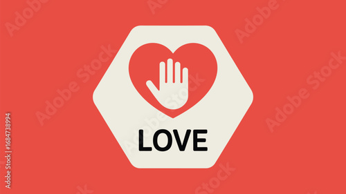 A graphic featuring a red heart with a white hand inside, enclosed in a hexagon shape with love text