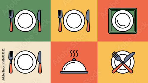 A colorful grid of restaurant icons featuring plates, forks, knives, and a covered dish illustration