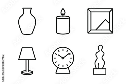 Minimalist icon set: vase, candle, frame, lamp, clock, sculpture