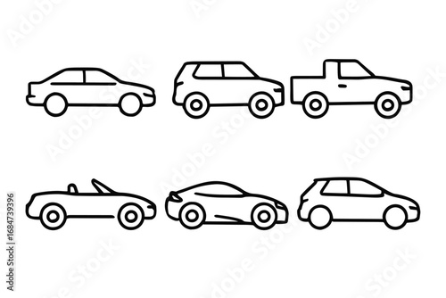 Outlined illustrations of various car types: sedan, suv, pickup, convertible, coupe, hatchback