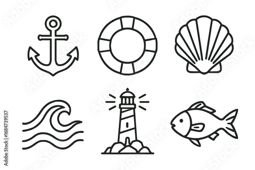 Nautical icons: anchor, lifebuoy, shell, wave, lighthouse, fish line art