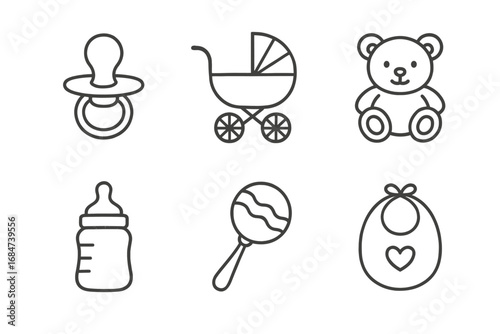 Set of baby essentials icons: pacifier, stroller, teddy bear, bottle, rattle, bib