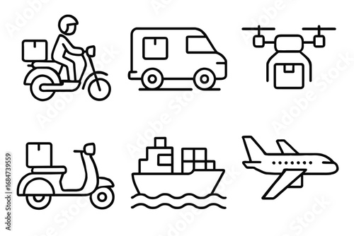 Delivery icons: scooter, van, drone, ship, airplane - line art set