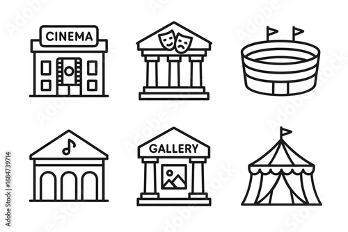 Icon set featuring cinema, theatre, stadium, music hall, art gallery, and circus tent