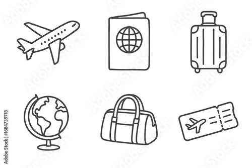 Travel essentials: airplane, passport, luggage, globe, bag, ticket icons