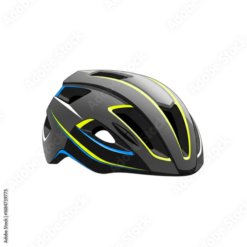 High-quality vector illustration of a modern cycling helmet with a gray, yellow, and blue design, isolated on a white background. Safety gear.