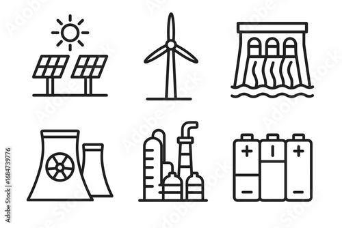 Renewable and non-renewable energy icons including solar wind hydro nuclear plants