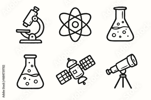 Science icons: microscope, atom, flask, satellite, telescope illustrations