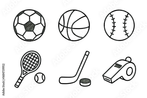 Collection of hand-drawn sports equipment icons in black and white