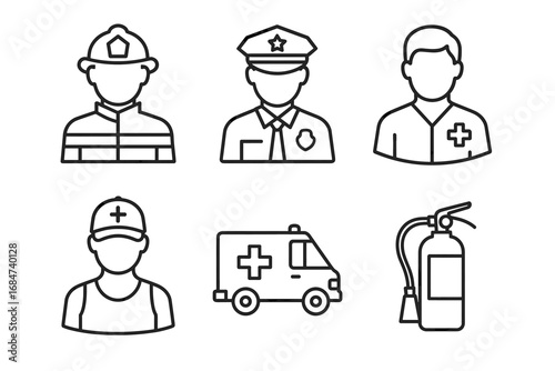 Outline icons of emergency services: firefighter, police, medic, ambulance, fire extinguisher