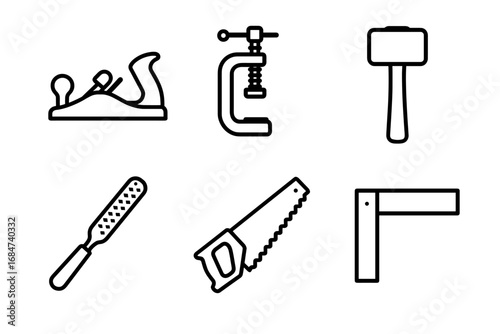 Outline icons of woodworking tools: plane, clamp, mallet, rasp, saw, square