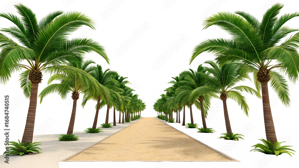 Fototapeta premium A symmetrical composition showcasing a beautiful palm tree lined path leading towards the bright sky isolated on transparent background