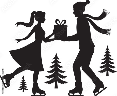 Romantic couple ice skating and exchanging a gift amidst winter trees silhouette