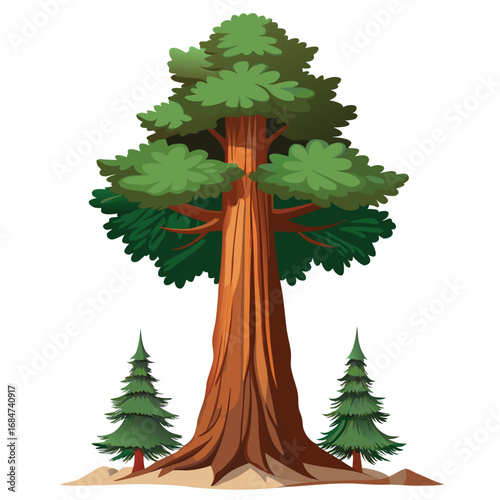 A towering redwood tree with a thick trunk and dense foliage, a powerful illustration on a clean white background, symbolizing strength and nature.