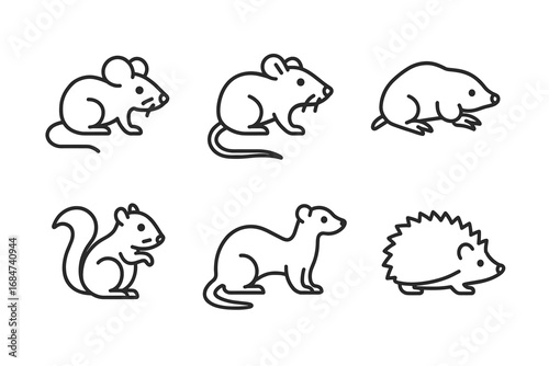 Outline illustrations of various small mammals: mouse, rat, mole, squirrel, weasel, hedgehog