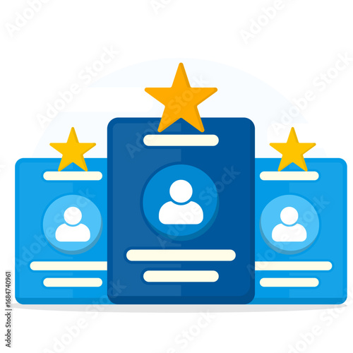 Illustration of resumes with stars. Symbolizing candidate ranking, job selection, and recruitment process
