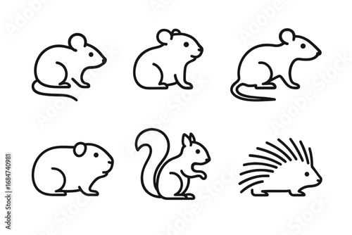 Outline illustrations of rodents and squirrel in black line art style
