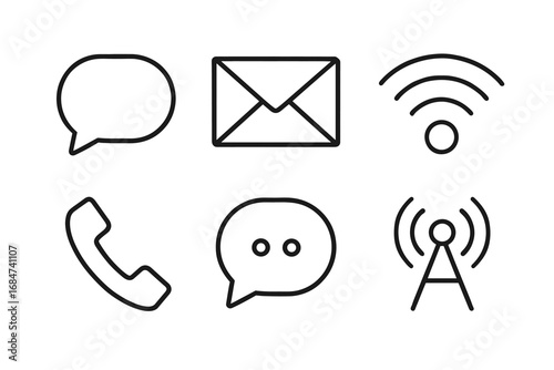 Essential communication icons: envelope, speech bubble, phone, wi-fi, signal tower