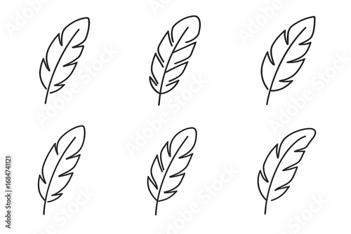 Six minimalist feather icon designs in black outline on white background