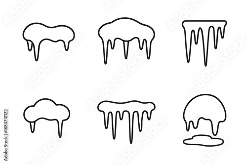 Set of six black outline dripping shapes illustrating icicles and snow