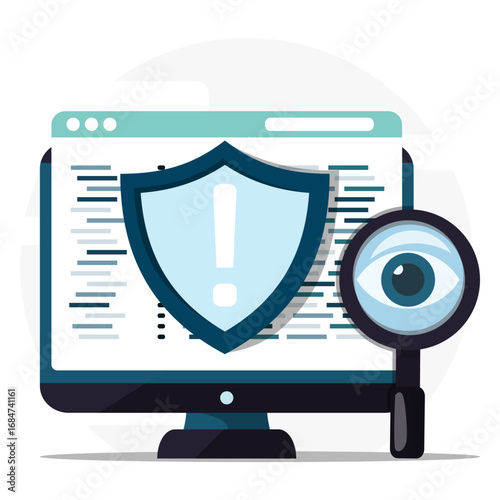 Computer screen with shield warning and magnifying glass showing eye. Concept of cyber security, threat detection, online spionase, and personal data thief.
