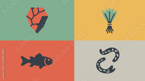 A grid of four squares with a rock, wheat, fish, and worms on green, yellow, red, and gray backgrounds
