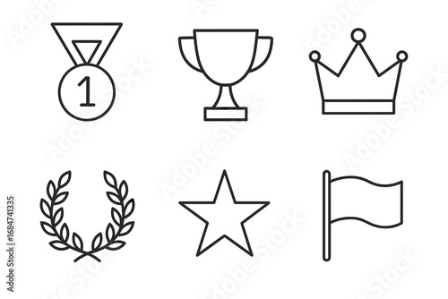 Monochrome symbols of achievement: medal, trophy, crown, laurel, star, flag