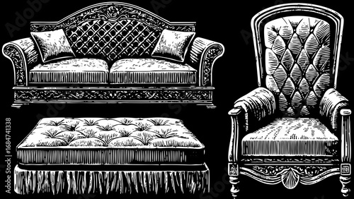 detailed set of hand-drawn decorative sofas and classic furniture pieces with soft cushions, illustrated for interior design inspiration, home decoration concepts, creative styling ideas, and artistic