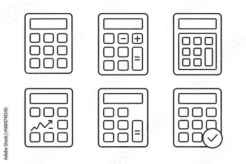 Set of six calculator icons with varying displays and buttons