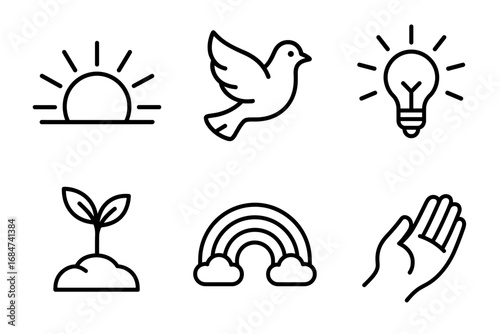 Minimalist icons of nature and creativity: sun, dove, lightbulb, plant, rainbow, hands