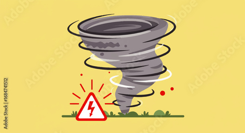 Tornado warning illustration with tornado vortex, warning siren and warning symbols in minimalist style