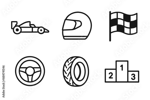 Racing icons: car, helmet, flag, steering wheel, tire, podium