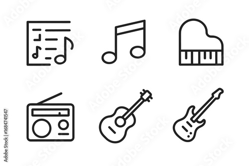 Set of music icons: sheet music, note, piano, radio, acoustic and electric guitar