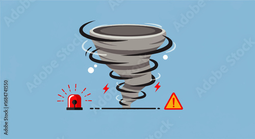 Tornado warning illustration with tornado vortex, warning siren and warning symbols in minimalist style