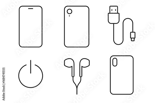 Outline icons of smartphone, power bank, usb cable, power button, earphones, and phone case